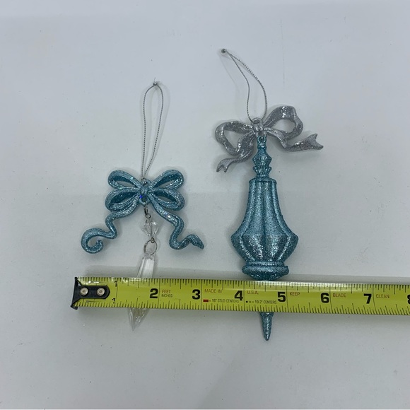 Blue & Silver Glitter Bow Faux Crystal Feminine Christmas Ornaments Set New - Picture 7 of 8
